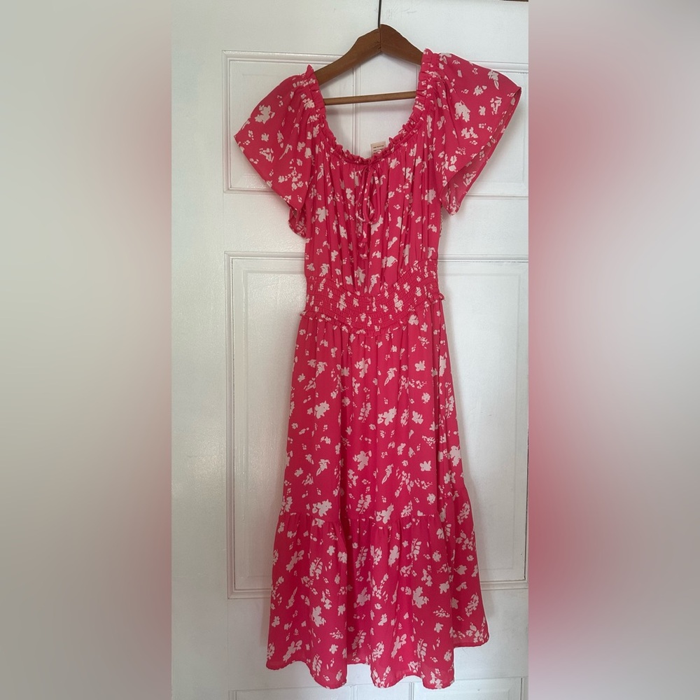 NEW Womens Short Sleeve Floral Pink & White Ruffled Tiered Midi Sundress Size S